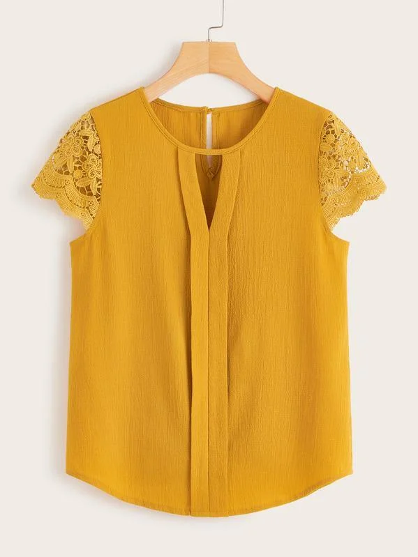 Contrast Lace Cuff Keyhole Neck Blouse Elegant Semi-Sheer Blouse