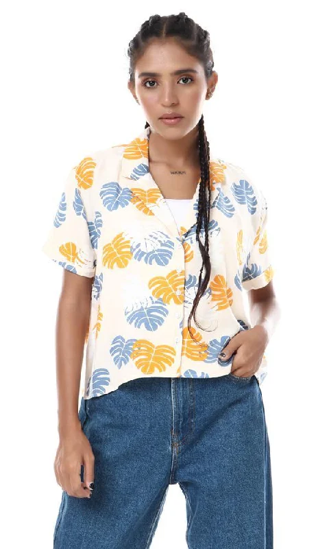 57046 Leaves Pattern Buttoned Short Shirt - Beige-- Fleece Fabric Down Fabric Feather Fabric 57046 Leaves Pattern Buttoned Short Shirt - Beige-- Fleece Fabric Down Fabric Feather Fabric