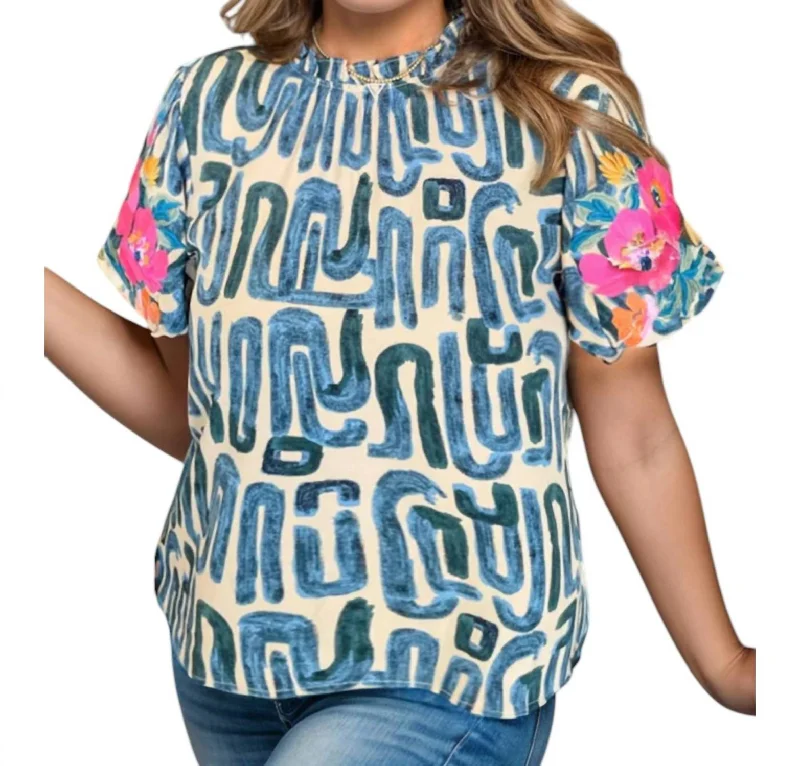 Curvy Breeze Botanical Blouse In Ivory/blue Boho Printed Blouse