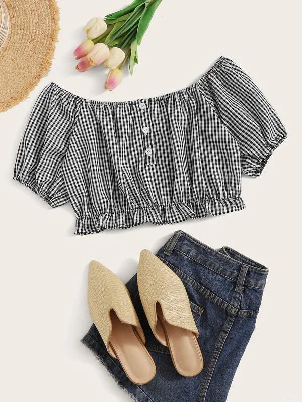 Gingham Print Ruffle Hem Crop Blouse Semi-Sheer Blouse