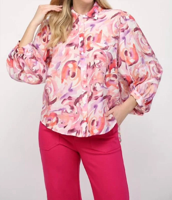 Belle Abstract Blouse In Pink Side Tie Blouse