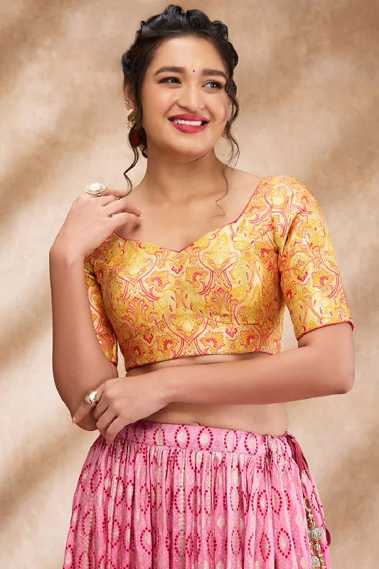 Yellow Brocade Woven Elbow Sleeve Blouse Casual Stripe Blouse