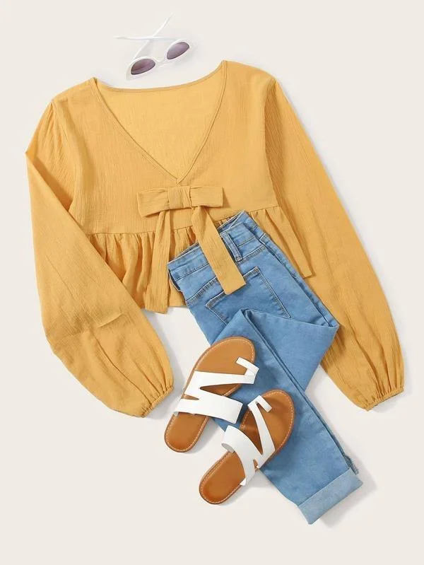 Bow Front Ruffle Hem Crop Blouse Flowy Bohemian Blouse