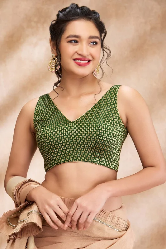 Bottle Green Brocade Woven Sleeveless Blouse Stretchy Fitted Blouse