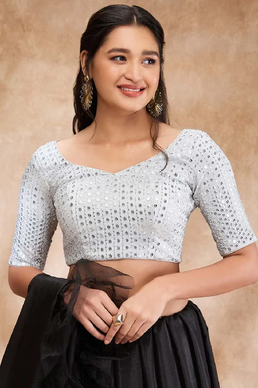 Silver Silk Embellished Elbow Sleeve Blouse Chic Square Blouse
