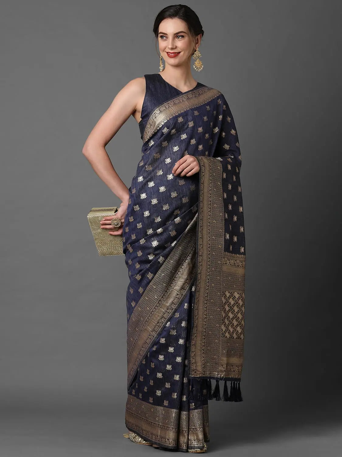 Sareemall Navy Blue Wedding Silk Woven Design Saree With Unstitched Blouse Floral Chiffon Blouse Sareemall Navy Blue Wedding Silk Woven Design Saree With Unstitched Blouse Floral Chiffon Blouse