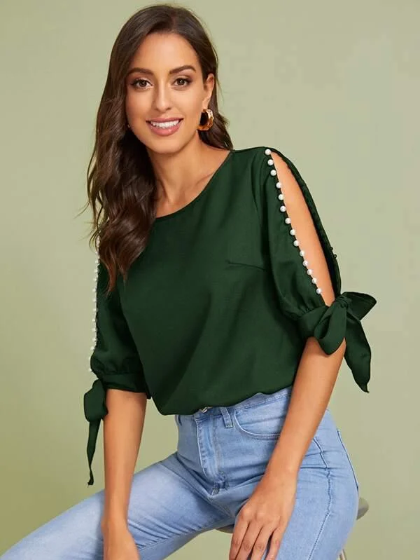 Pearls Beaded Split Knot Sleeve Blouse Sheer Mesh Blouse