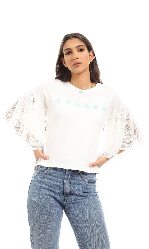 56727 Lace Bell Sleeves Printed T-Shirt - Off White-- Cashmere Blend Cotton Blend Poly Blend 56727 Lace Bell Sleeves Printed T-Shirt - Off White-- Cashmere Blend Cotton Blend Poly Blend