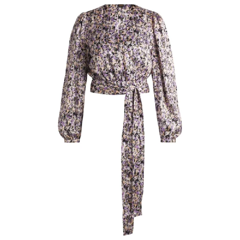 Slim-fit blouse in printed satin twill Ruffled Neck Blouse