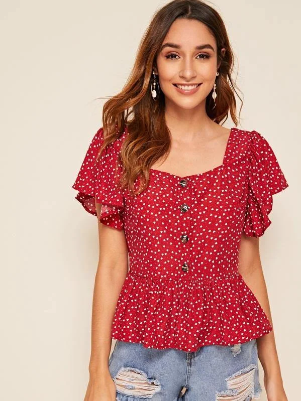 Confetti Heart Print Ruffle Hem Blouse Stylish Wrap Blouse