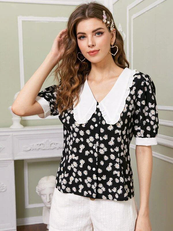 Daisy Print Peter Pan Collar Puff Sleeve Blouse Feminine Satin Blouse