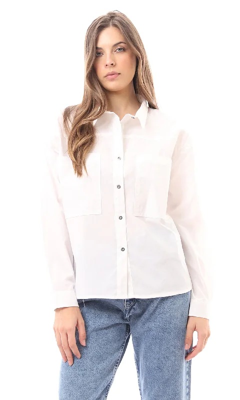 O170884 Buttoned Down Casual White Shirt With Front Pockets-- Front Pockets Side Pockets Patch Pockets