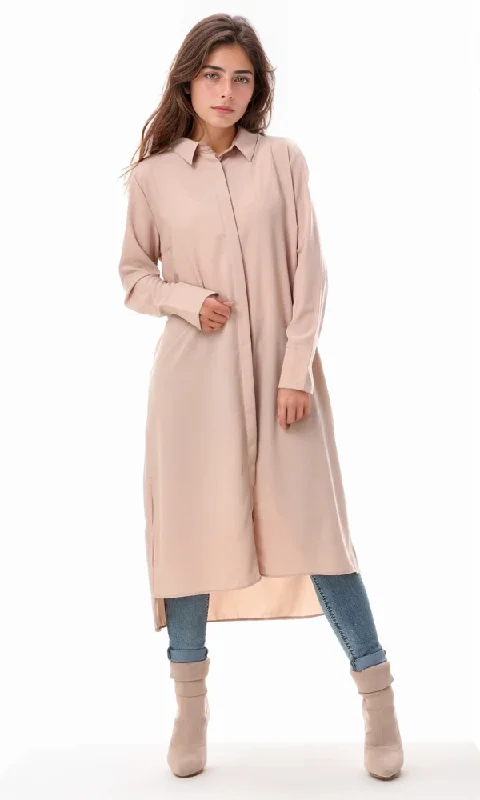 57040 Plain Long Casual Buttoned Shirt - Dark Beige-- Welt Pockets Slit Pockets