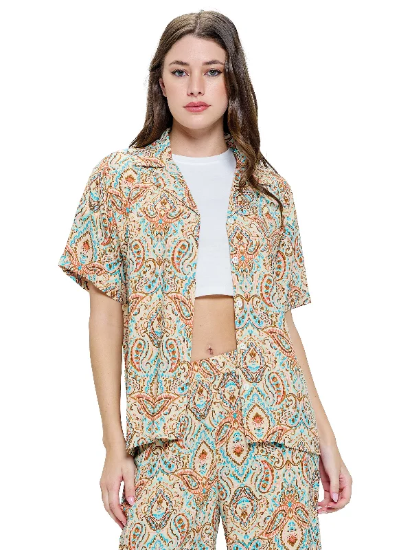 Button up Blouse Paisley Print Multi Vintage Lace Blouse