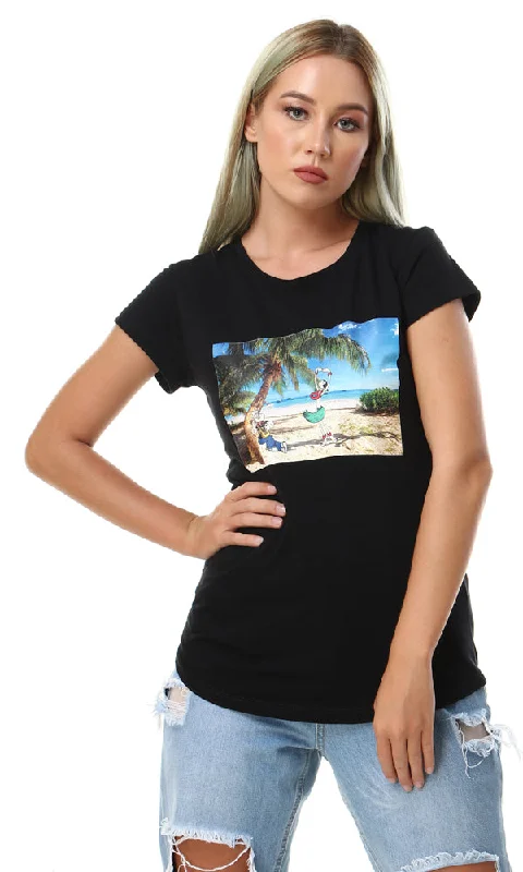 57601 Slip On Printed Summer Black T-Shirt-- Rayon Velvet Corduroy