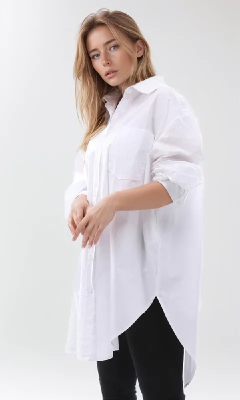 95481 Oversized Summer White Buttoned Long Shirt-- Silk Blend Satin Velvet