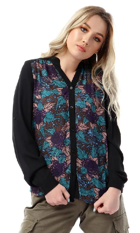 39216 Floral Long Sleeves Black Shirt-- Machine Wash Dry Clean Hand Wash