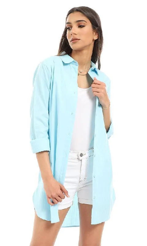 93200 Basic Self Striped Cotton Long Shirt - Sky Blue-- Iron Safe Non-Iron Wrinkle Free