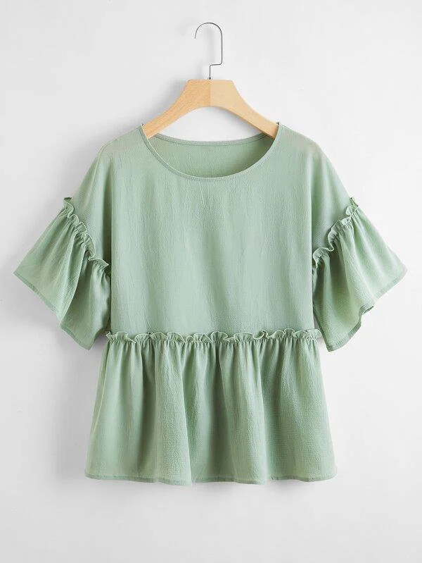 Solid Flounce Sleeve Peplum Blouse Short Sleeve Blouse