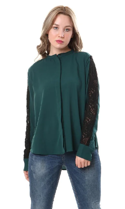 57165 Perforated Lace Sleeves Forest Green Shirt-- Hooded Caped Shawl Collar