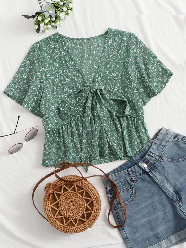 Knot Front Ditsy Floral Ruffle Hem Blouse Loose Oversized Blouse