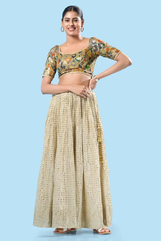 Gold Multi Brocade Back Open Elbow Sleeves Blouse Embellished Collar Blouse