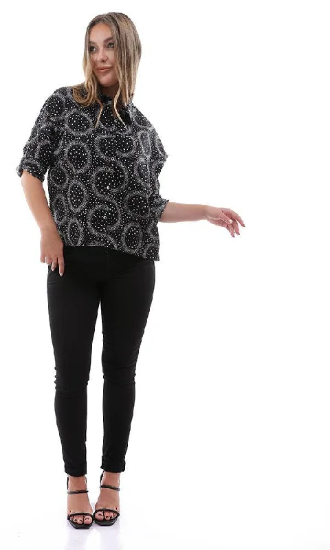 95419 Casual Self Pattern Full Buttoned Black Shirt-- Fleece Nylon Spandex