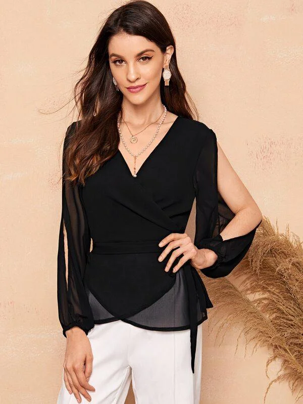 Surplice Neck Split Sleeve Chiffon Blouse Slim Fit Blouse