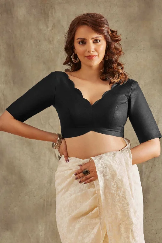 Women's Black Linen Cotton Solid Padded Blouse Soft Satin Blouse