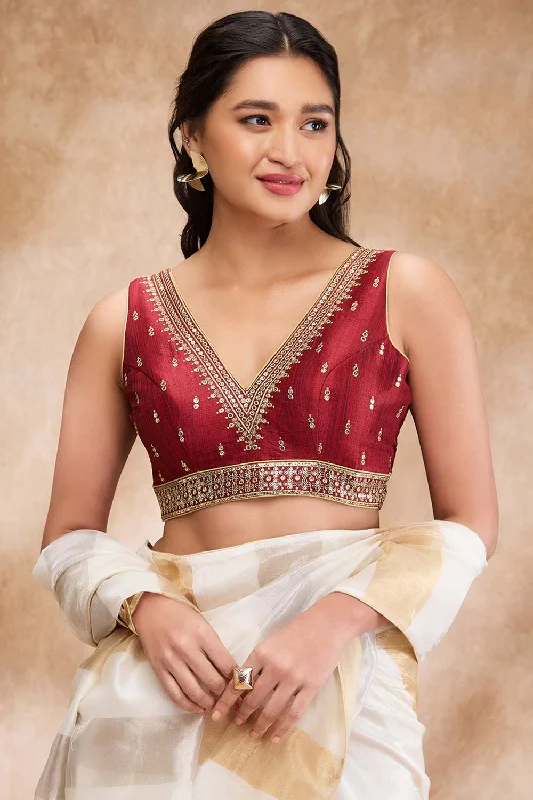 Maroon Mulberry Silk Embroidered Sleeveless Blouse Loose Fit Blouse