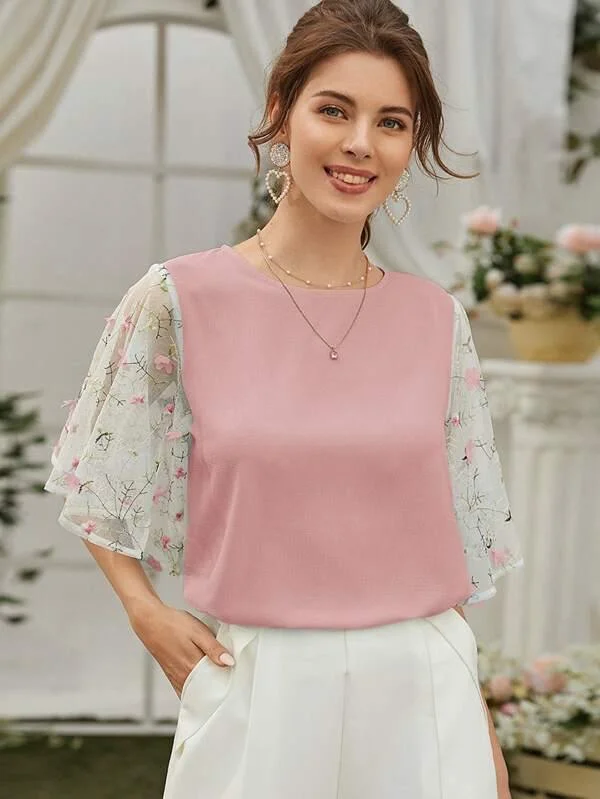 Appliques Mesh Panel Round Neck Blouse Oversized Silk Blouse