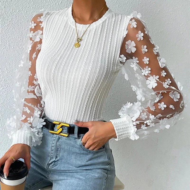 Women's Mesh Small Flower Chiffon Shirt Summer Round Neck Long Sleeve Top-- Ribbed Striped Patterned Women's Mesh Small Flower Chiffon Shirt Summer Round Neck Long Sleeve Top-- Ribbed Striped Patterned