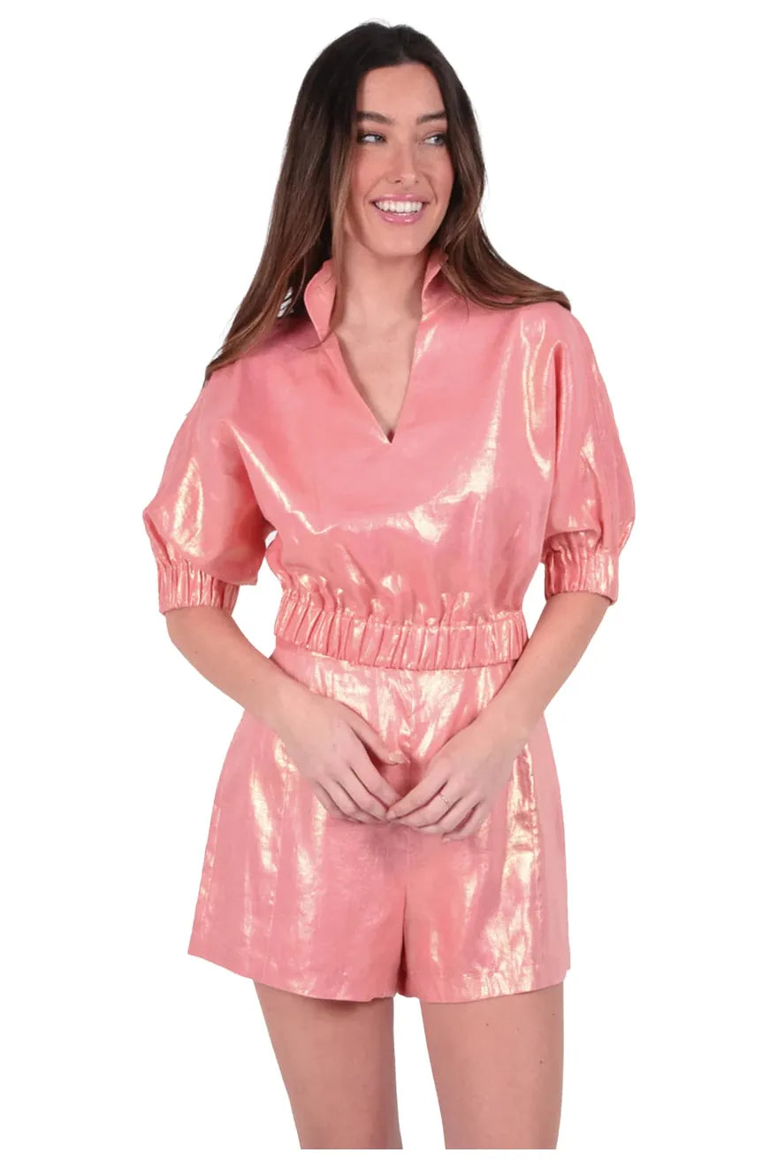 Conch Pink Short Sleeve Crop Blouse Chic Off-Shoulder Blouse