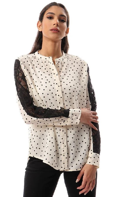 56914 Polka Dots Shirt With Lace Sleeves - Cream-- Terry Blend Velvet Blend Canvas Blend 56914 Polka Dots Shirt With Lace Sleeves - Cream-- Terry Blend Velvet Blend Canvas Blend