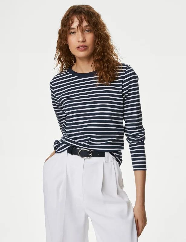 Pure Cotton Striped Crew Neck T-Shirt-- Graphic T-Shirt Round Neck Polyester