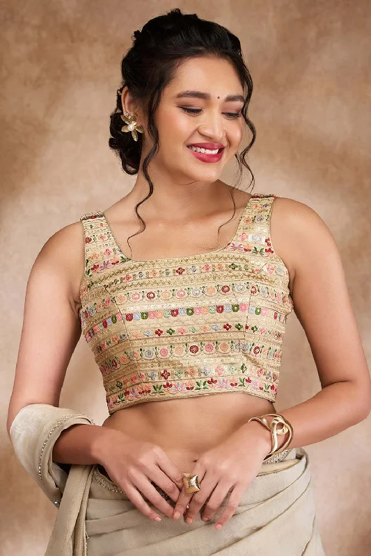 Gold Silk Embroidered Sleeveless Blouse Playful Puff Blouse
