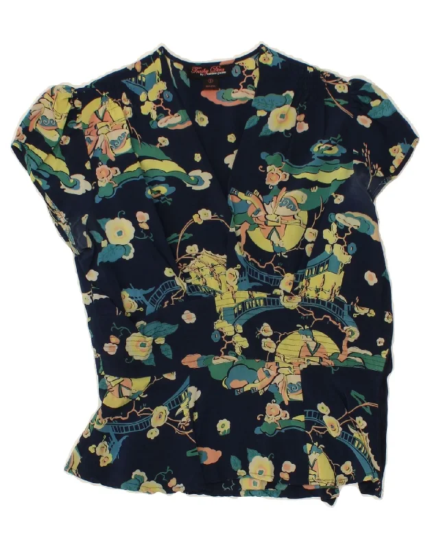 VINTAGE Womens Blouse Top UK 10 Small Navy Blue Floral Textured Cotton Blouse