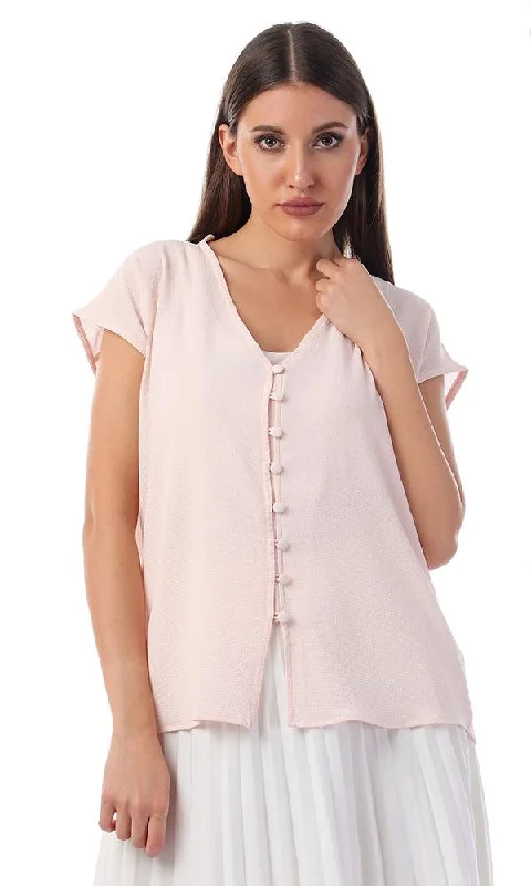 57121 Buttoned V-Neck Elegant Shirt - Powder Pink-- Notch Collar Peter Pan Collar Cowl Neck 57121 Buttoned V-Neck Elegant Shirt - Powder Pink-- Notch Collar Peter Pan Collar Cowl Neck