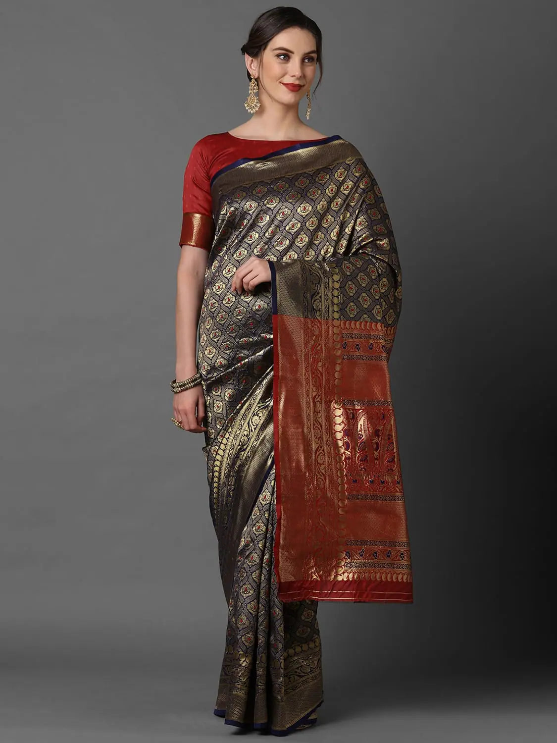 Sareemall Navy Blue & Red Wedding Silk Blend Woven Design Saree With Unstitched Blouse Peter Pan Collar Blouse Sareemall Navy Blue & Red Wedding Silk Blend Woven Design Saree With Unstitched Blouse Peter Pan Collar Blouse