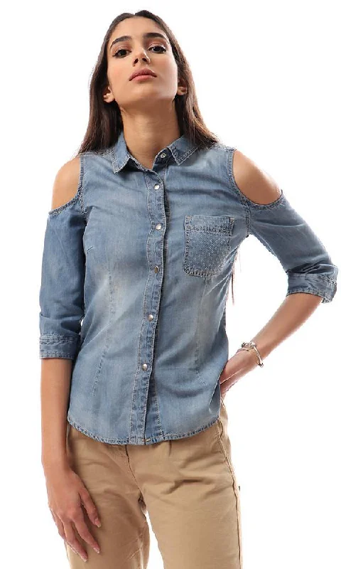 93118 Fashionable Cold Shoulders Denim Shirt - Bracing Blue-- Print Jacquard Patchwork 93118 Fashionable Cold Shoulders Denim Shirt - Bracing Blue-- Print Jacquard Patchwork