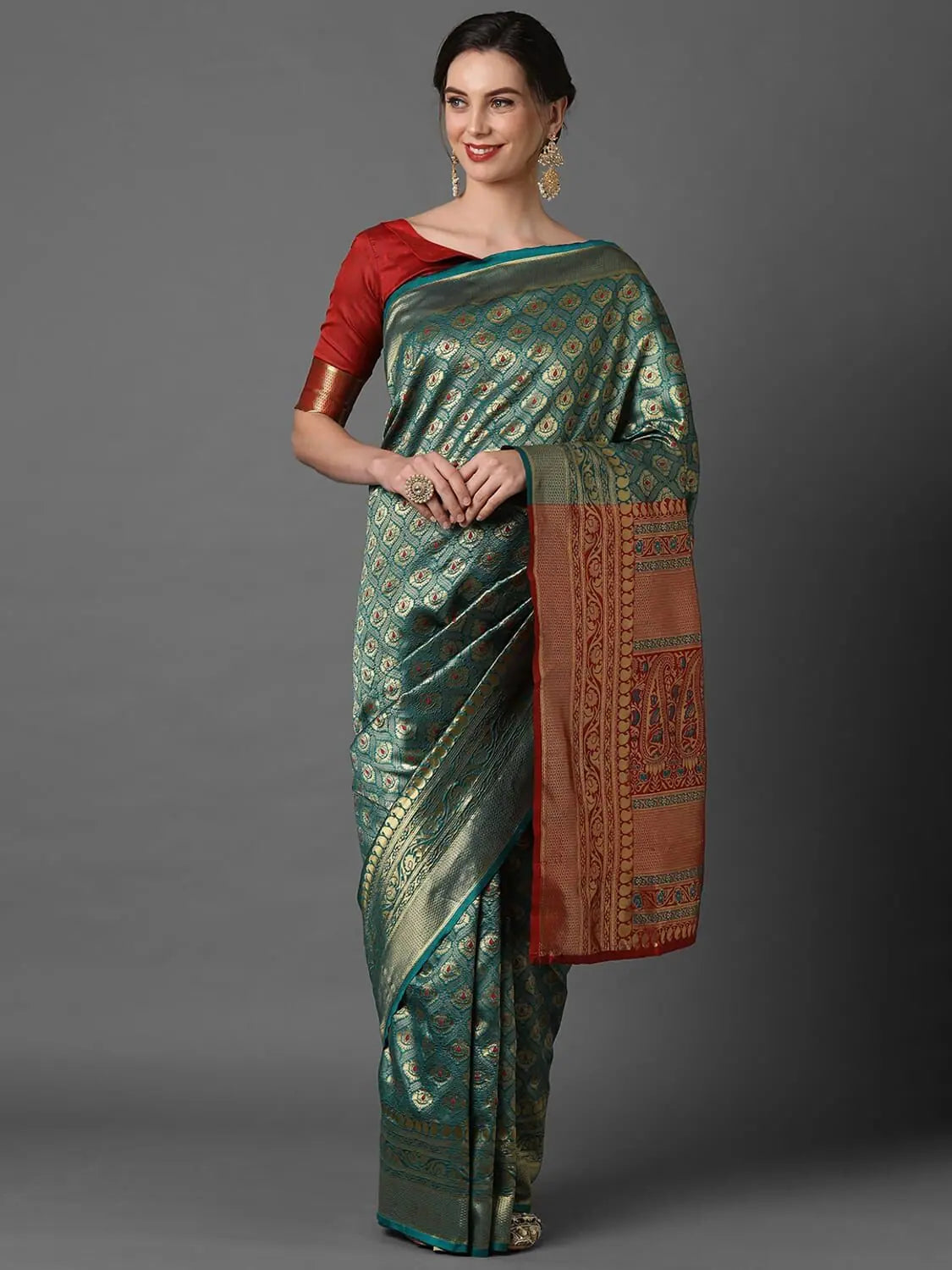 Sareemall Teal Blue & Red Wedding Silk Blend Woven Design Saree With Unstitched Blouse Soft Modal Blouse Sareemall Teal Blue & Red Wedding Silk Blend Woven Design Saree With Unstitched Blouse Soft Modal Blouse