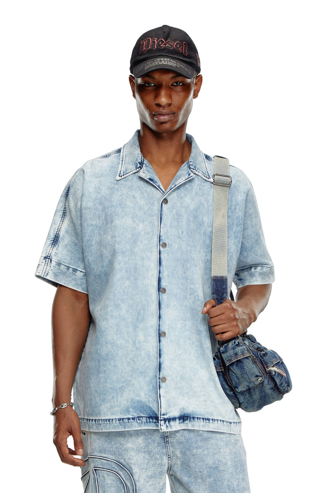 Denim bowling shirt with Oval D-- Front Pockets Side Pockets Patch Pockets
