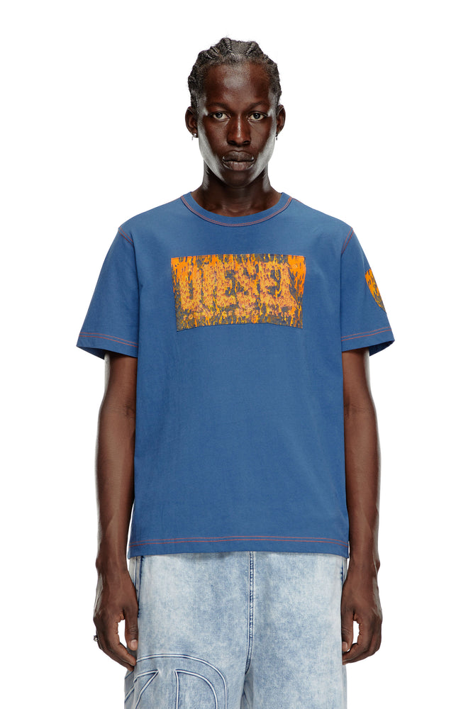 T-shirt with graphic patches-- Denim Fabric Leather Fabric Suede Fabric