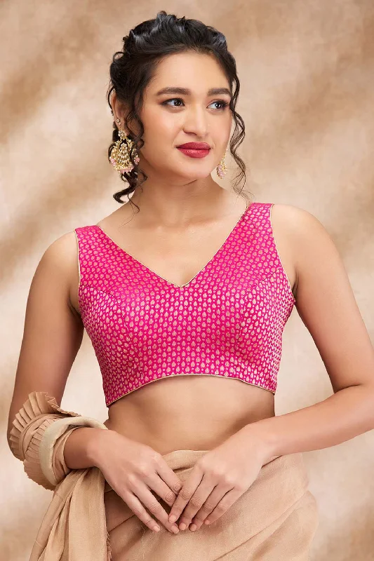 Pink Brocade Woven Sleeveless Blouse Gathered Detail Blouse