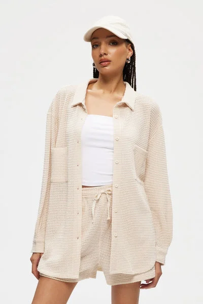 Kuwalla Waffle Oversized Shirt-- Thin T-Shirt Open Front Quick Dry