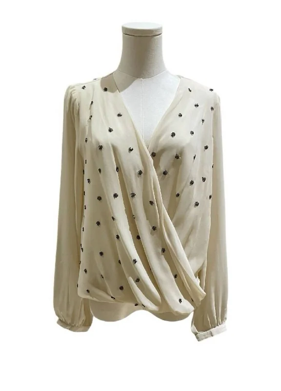 Women's Beaded Chiffon Double Breasted Faux Wrap Blouse In Ivory Pastel Color Blouse Women's Beaded Chiffon Double Breasted Faux Wrap Blouse In Ivory Pastel Color Blouse