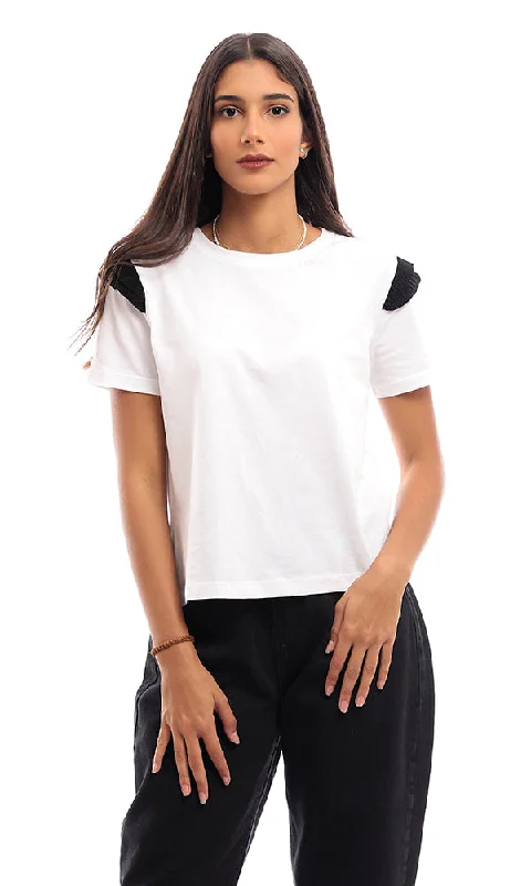 94740 Plain Round T-Shirt With Ruffled Accent - White-- Mesh Blend Leather Blend Suede Blend 94740 Plain Round T-Shirt With Ruffled Accent - White-- Mesh Blend Leather Blend Suede Blend