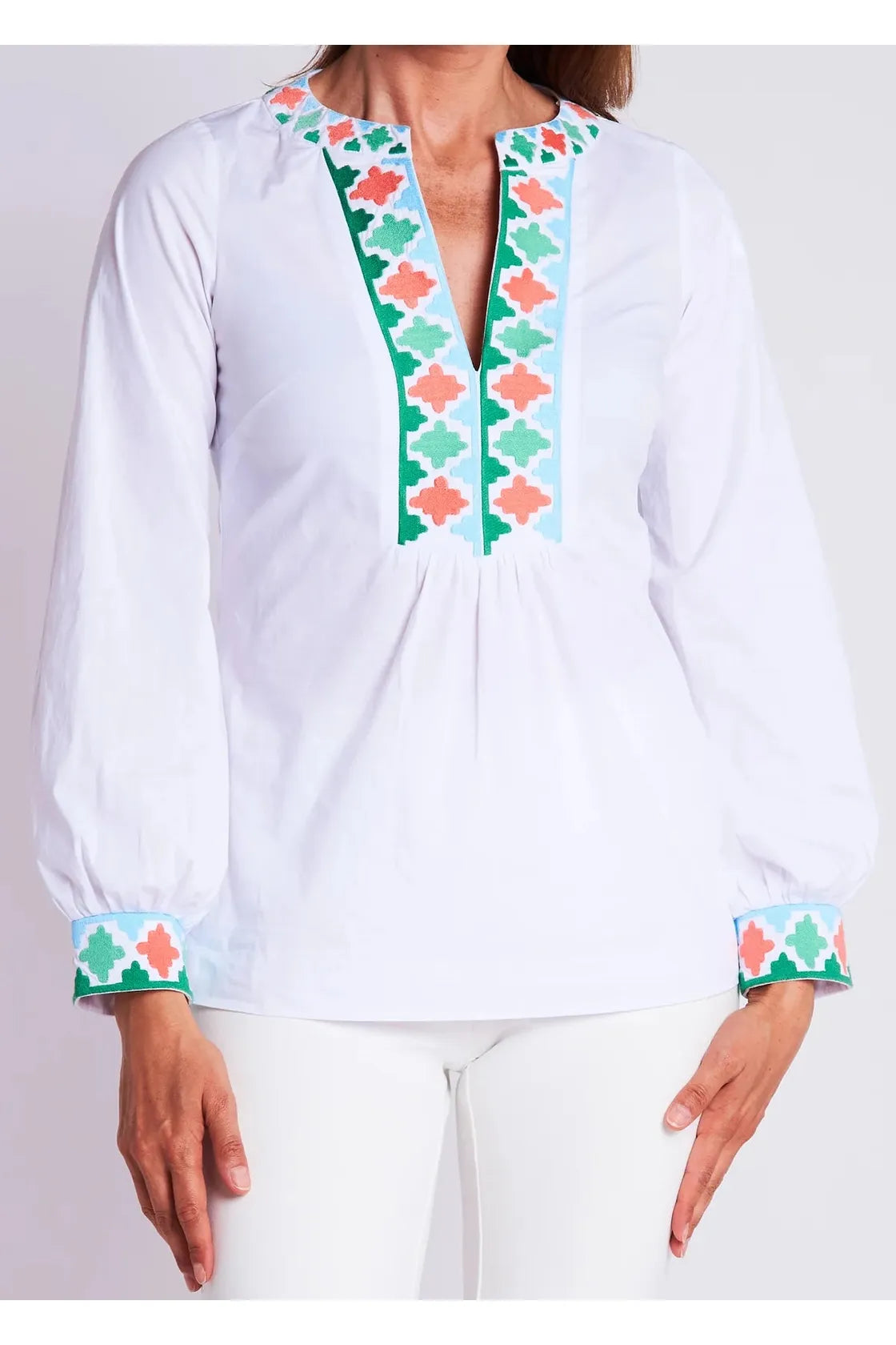 White Coral Contrast Embroidered Blouse Pastel Color Blouse