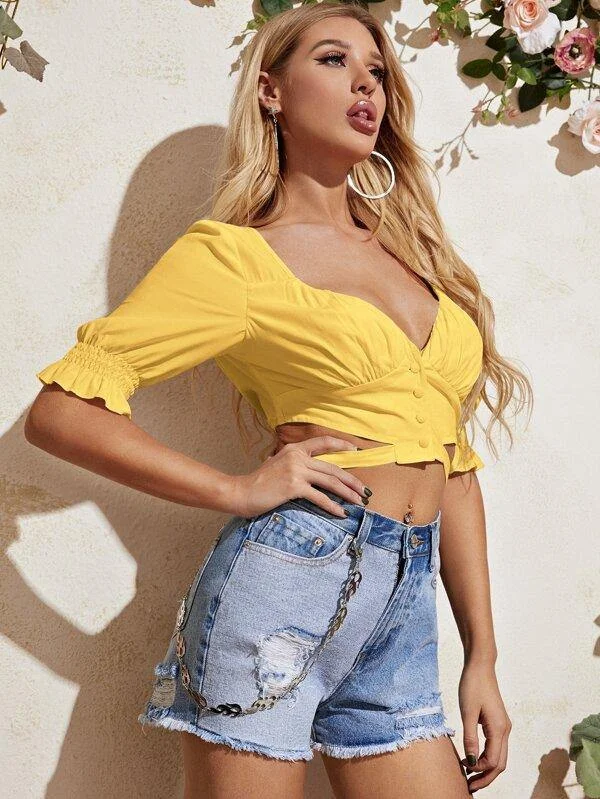 Sweetheart Neck Shirred Cuff Tie Back Crop Blouse Elegant Silk Blouse