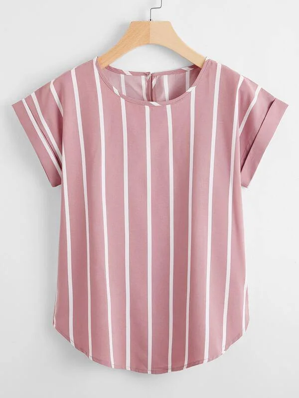Curved Hem Striped Blouse Casual Button Blouse